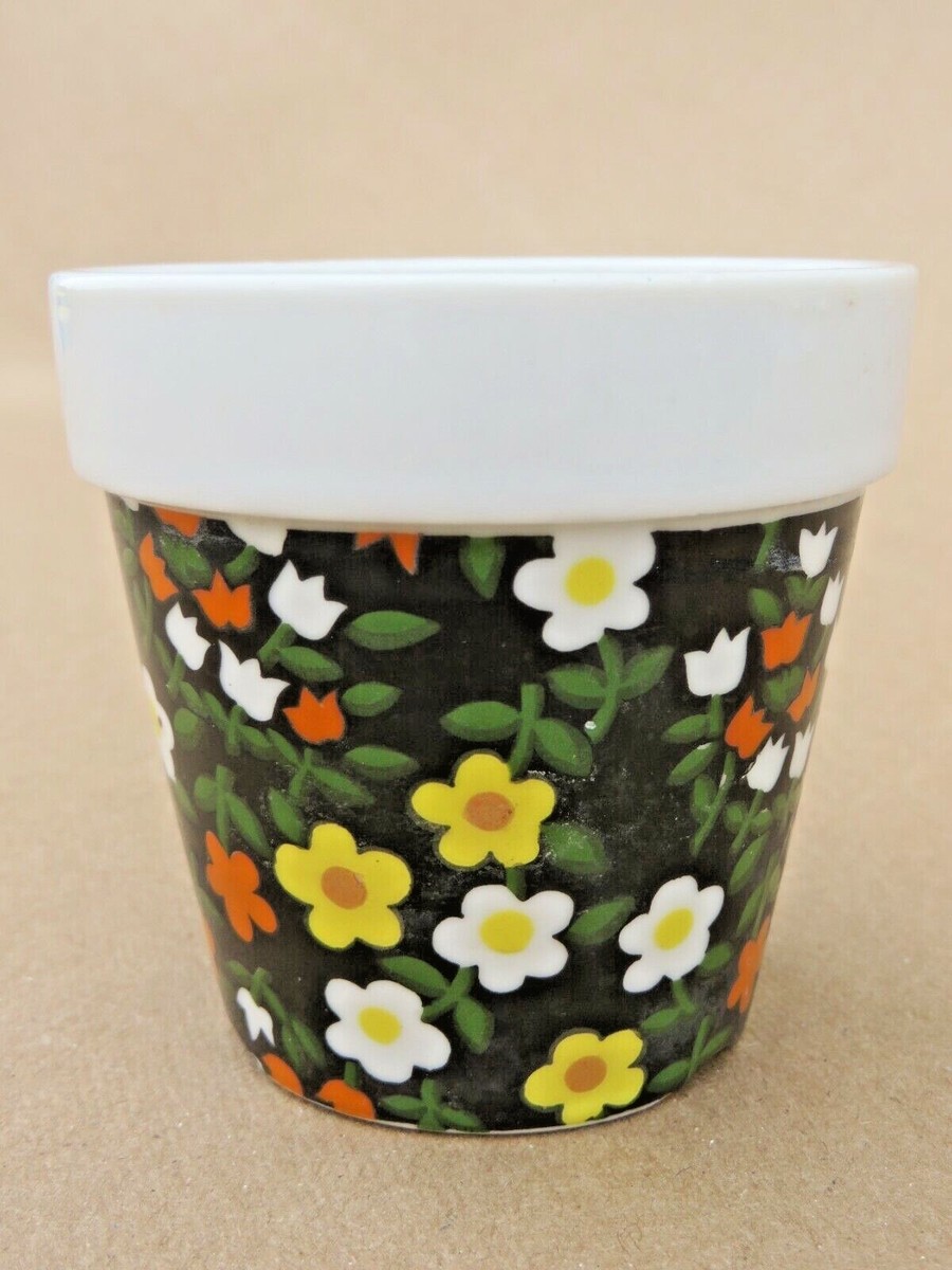 VTG THANK YOU FLOWER POT TIP JAR JAPAN BLACK DAISY FLOWER POWER