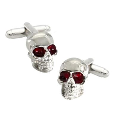 SKULL CUFFLINKS Silver Color Red Eyes Skeleton Groom Best Man Wedding w GIFT BAG