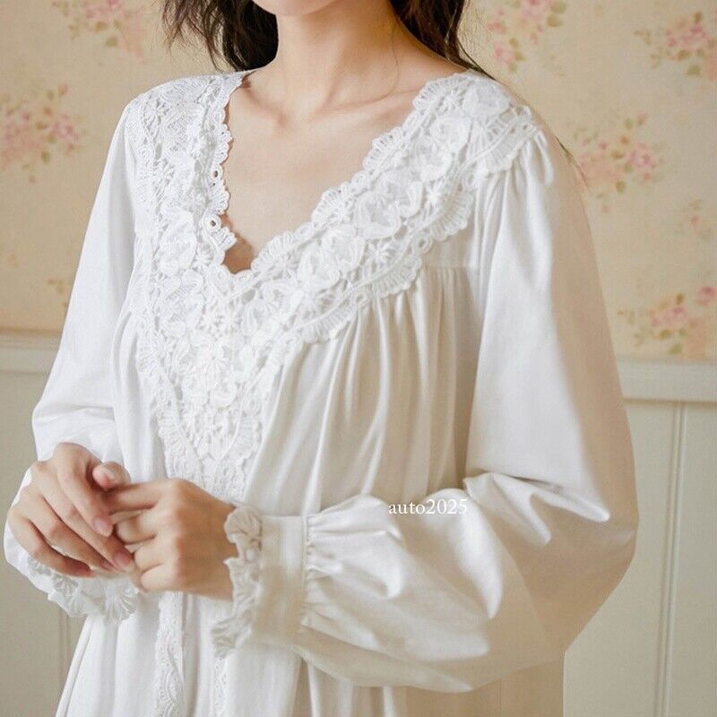 Women Sleep Dress Nightgown Sleepwear Lace Cotton Long Sleeve Retro White