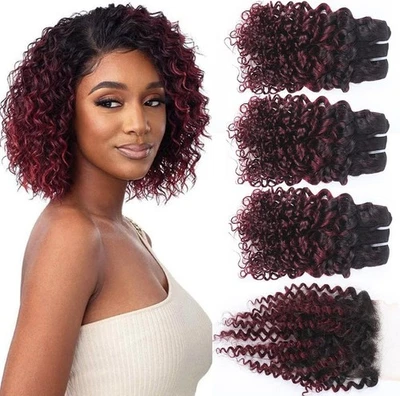 SEXYCAT Deep Kinky Curly 10" Human Hair Bundles + 4x4 Closure #1B/99J Ombre Burgundy