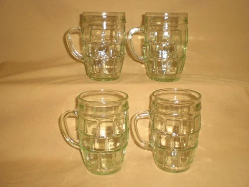 VINTAGE GREEN GLASS BARREL SHAPED BLOCK PATTERN MUGS - 4.25" TALL SET OF 4