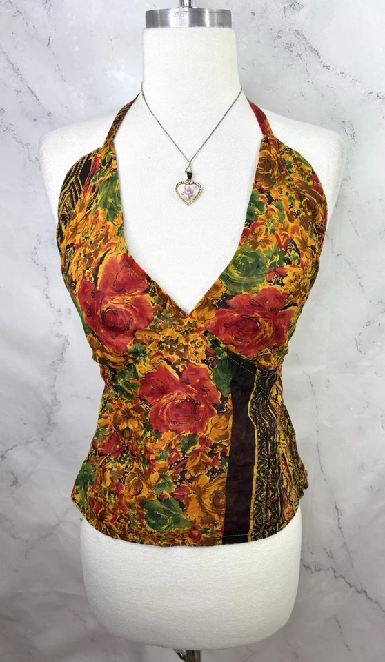 Vintage 90s Y2K Halter Top sz S/M Silk Floral Back Tie Babydoll 00s Boho Plunge - Image 4 of 4