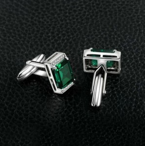 Authentic Emerald Lab Created Emerald Men's Office Wear Cufflink In 14K White Gold Plated.