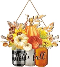 Hello Fall Door Sign Fall Wooden Hanging Sign Pumpkin Autumn Front Door Decorati
