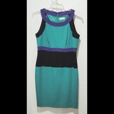 Calvin Klein Sheath Dress Size 12 Colorblock Teal Purple Back Zip Lined Office