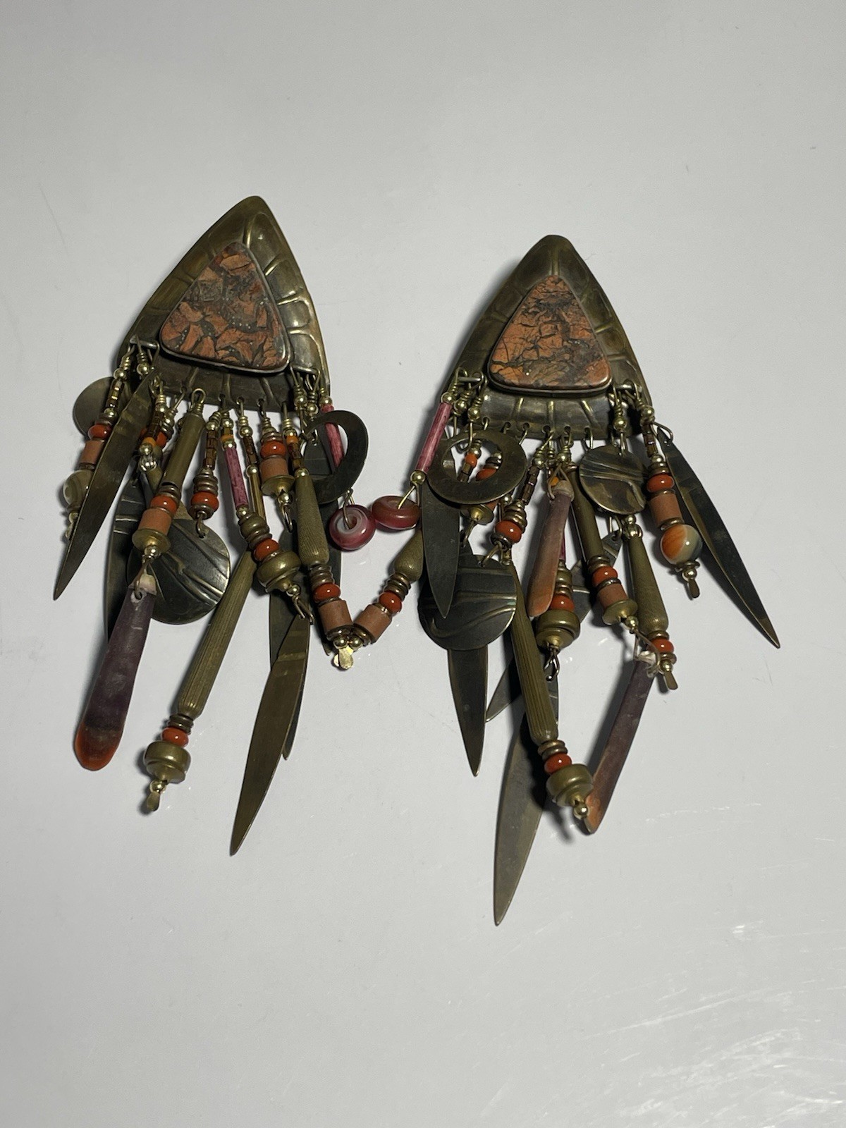 Vintage TABRA Large Clip Earrings Red Jasper with Sea Urchin Spines, Bronze