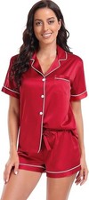 Women'S Satin Pajama Set 2-Piece Sleepwear Loungewear Button down Short Sleeve S