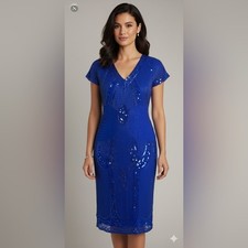 Jewel Queen Royal Blue Beaded Sequined Art Deco V Neck Short Sleeve Dress Small