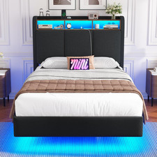 Floating Single Bed Frame with Upholstered Storage Headboard, LED Lights & Charg