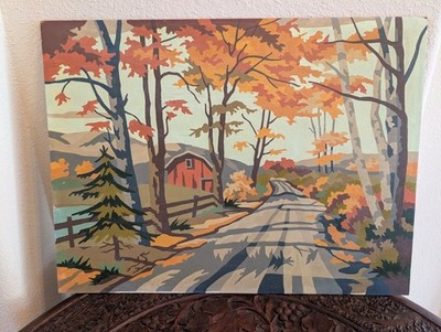 Paint By Numbers PBN Landscape Painting Fence Autumn Scene VTG 16''x12'' Art Nice