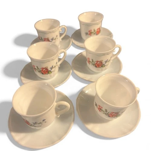 Arcopal France Coffee Tea Cups & Saucers Milk Glass Set of 6 Apple Blossoms