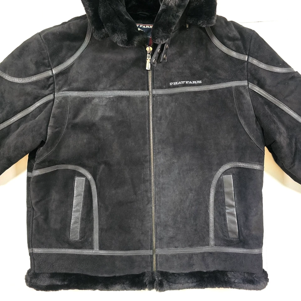 ABRIGO DE CUERO GAMUZA PHAT FARM FORRADO DE PIEL SINTÉTICA XL CAPUCHA CON CREMALLERA PESADO DE COLECCIÓN AÑOS 90 Y2K Foto 3 de 4