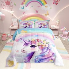 Kawaii Rainbow Unicorn Bedding Set Twin for Girl Kids,Cute Cartoon Unicorn 2 ...