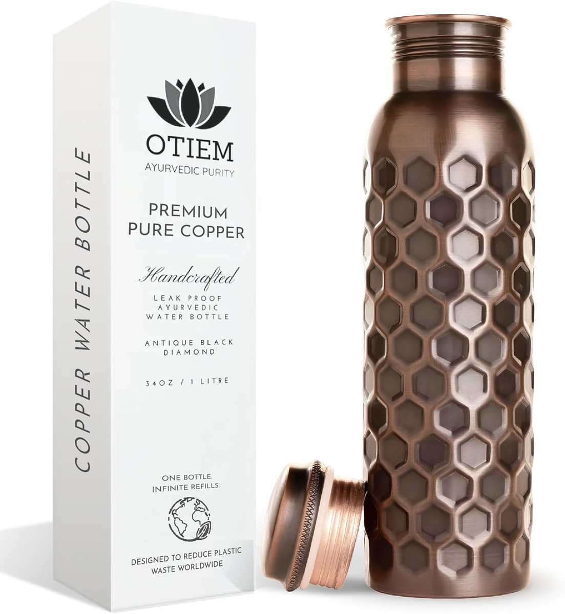 100% Pure Copper Water Bottle Antique Black 34oz Vacuum Insulated