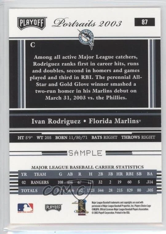 2003 Playoff Portraits Beckett Insert Sample Ivan Rodriguez #87 HOF - Image 2 of 2