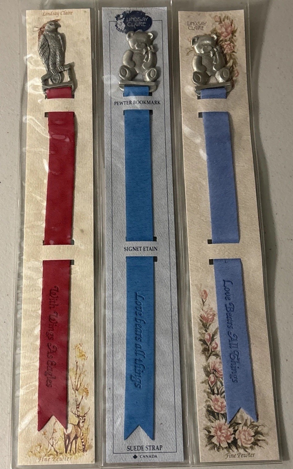 LOT 3 Lindsay Claire Pewter Bookmarks Suede Straps- 2 Teddy Bears & 1 Eagle Bird