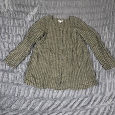 pure jill linen tunic blouse shirt womens xs olive green white stripe button up