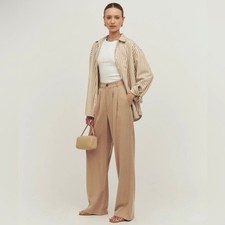 Reformation Mason Khaki Trousers High Waist Pleated Wide Leg Career Pants Size 0