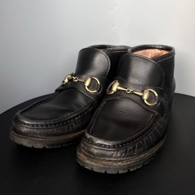 Womens GUCCI Horsebit Ankle Boots Chukka Boots Leather Short Black Gold Hardware
