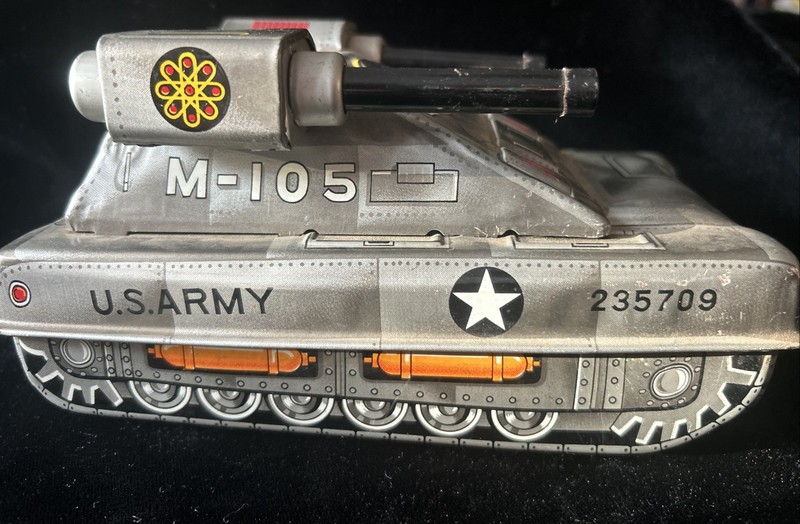 Vintage Tin Litho Friction Hisimo US Army Tank M-105 Toy 2 Guns Japan HTC WORKS