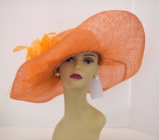 Kentucky Derby Church Wedding Feather Flower Sinamay Wide Dress Hat 58 Orange 