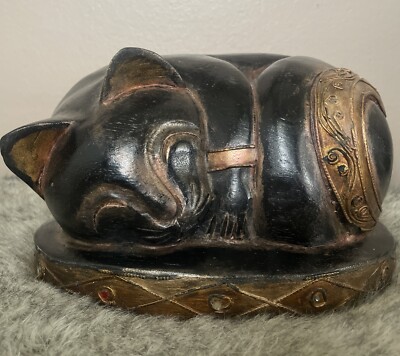 Vintage Carved Wood Curled Stylized Cat Black and Gold, Large & HEAVY