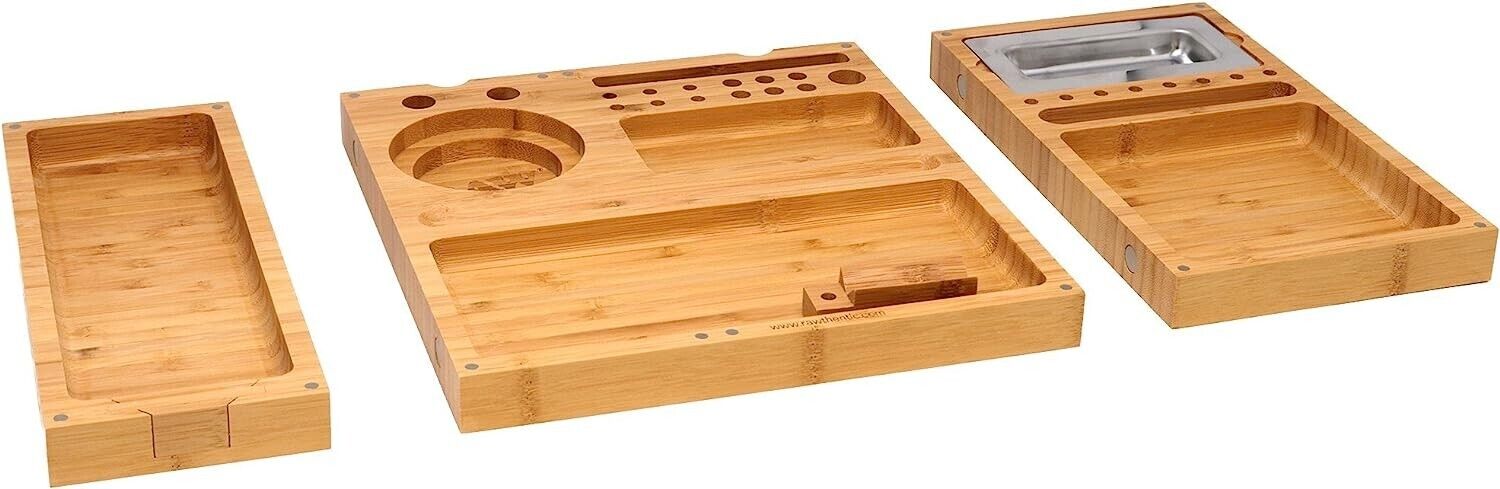 New RAW Triple Flip Bamboo Magnet Rolling Foldable Tray with Built-in Ashtray.