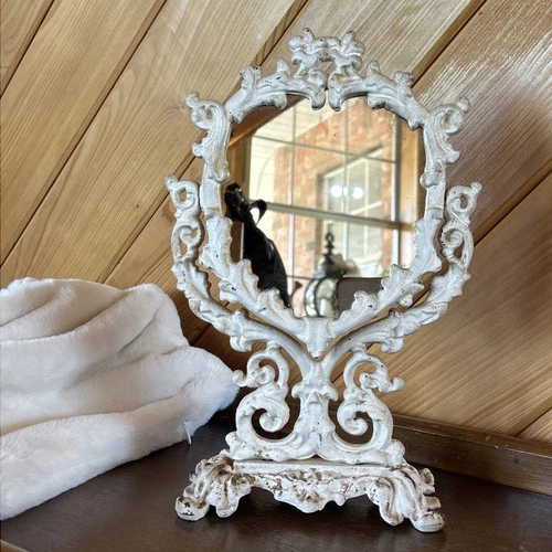 Rare JM 5 Iron Art Antique Victorian Mirror Cream Cast Iron Shabby Vanity