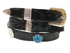 Faux ALLIGATOR HATBAND BLACK Leather w/ TURQUOISE+SILVER CONCHO'S and Buckle Set