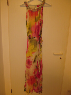Rene Derhy Maxi kleid XS S 34 36 neu weiß pink grün Chiffon Perlen Sommer Party