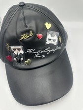 NWT Karl Lagerfeld Paris Hat Black Faux Leather Multiple Signature Embellishment