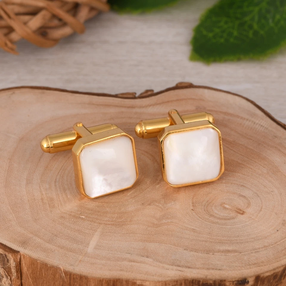 Square Shape Mother Of Pearl Gold Plated 925 Silver Gemstone Cufflinks For Men's - Image 2 of 4