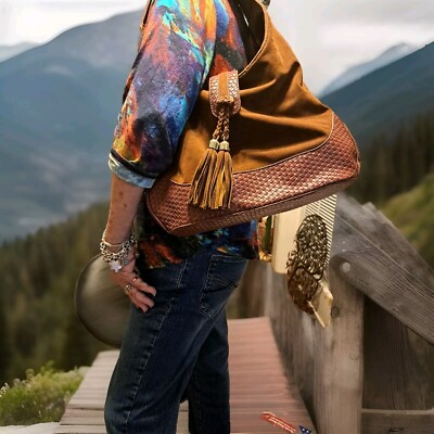 *IMoshion* Russet utra suede-basket weave trim w/tassels tote