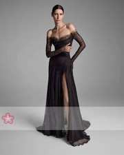 Black Evening Dresses Long Sleeves High Slit Sexy Wedding Prom Dress Small Tail