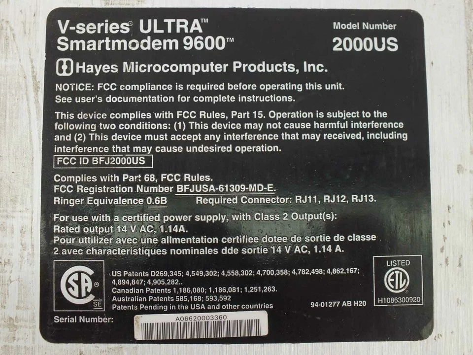 Hayes 2000US V-Series ULTRA 96 Desktop Smartmodem 9600 with Power Supply - Image 3 of 3