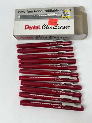 Vtg Pentel ZE-21 Clic Eraser Lot Red - Made In Japan (Lot Of 11) And Refills