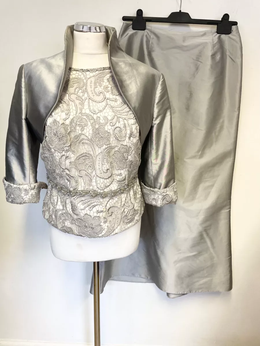 JOHN CHARLES SILVER BOLERO JACKET LACE TOP LONG SKIRT SUIT SIZE 14 COST 665