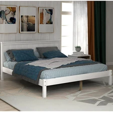 Full Size Bed Frame Wood Platform Bed w/ Headboard Wooden Slat Support White New