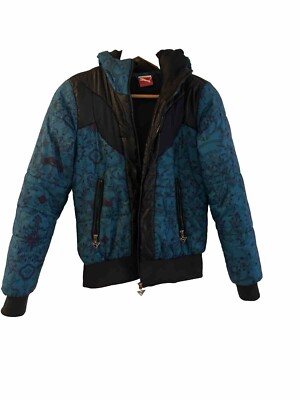 Puma Down Puffer Jacket Womens XS Black And Blue Full Zip Hooded Outdoor Casual