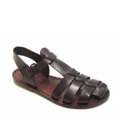 Women's dark brown flat ankle strap sandals shoes real leather