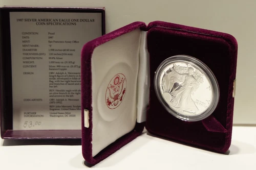 1987 S 1oz US American Silver Eagle $1 Dollar Proof Bullion Original Box /COA...