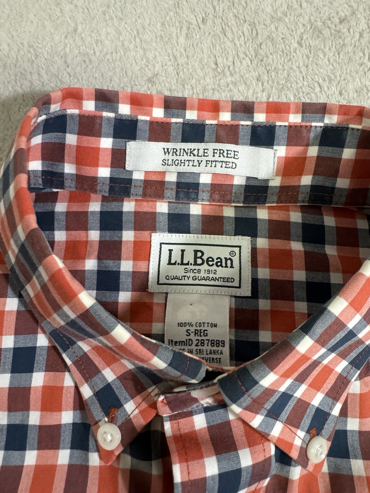 LL Bean Men's Plaid Long Sleeve Button Down Shirt Wrinkle Free Orange Blue