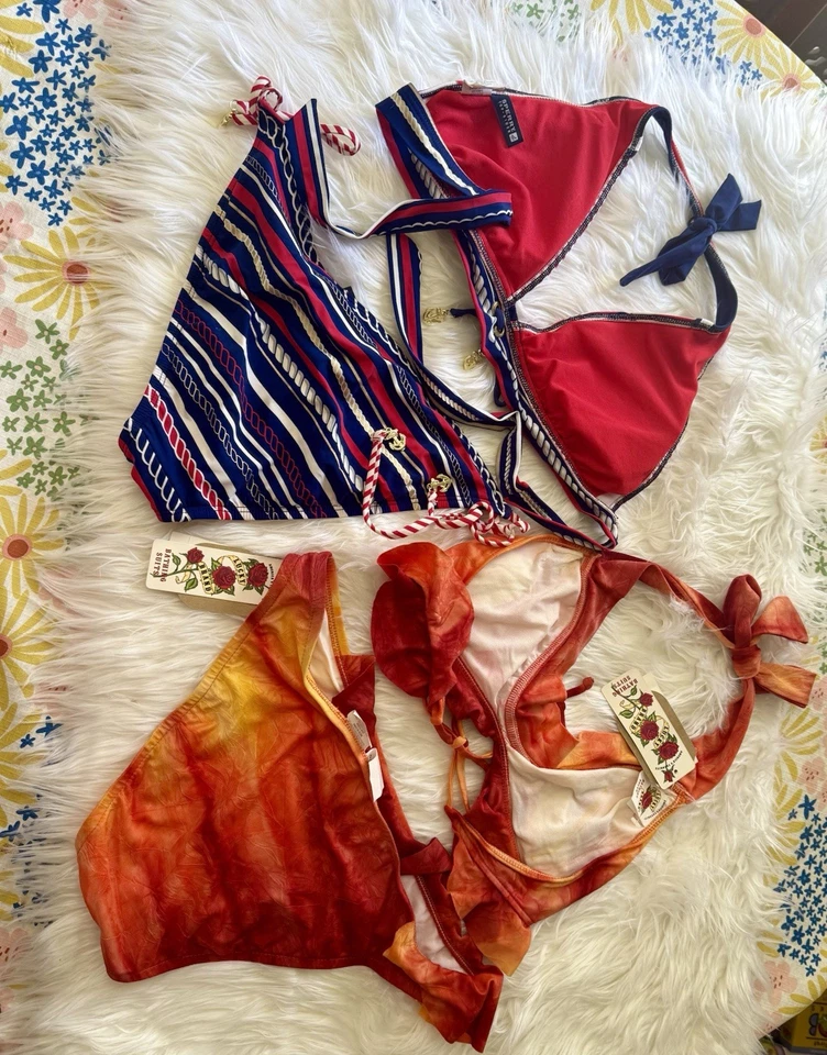 2pc Lucky Brand Swim Bikini Top Bottom Large Tie Dye Ruffle Red Orange Set NEW  - Image 3 of 3