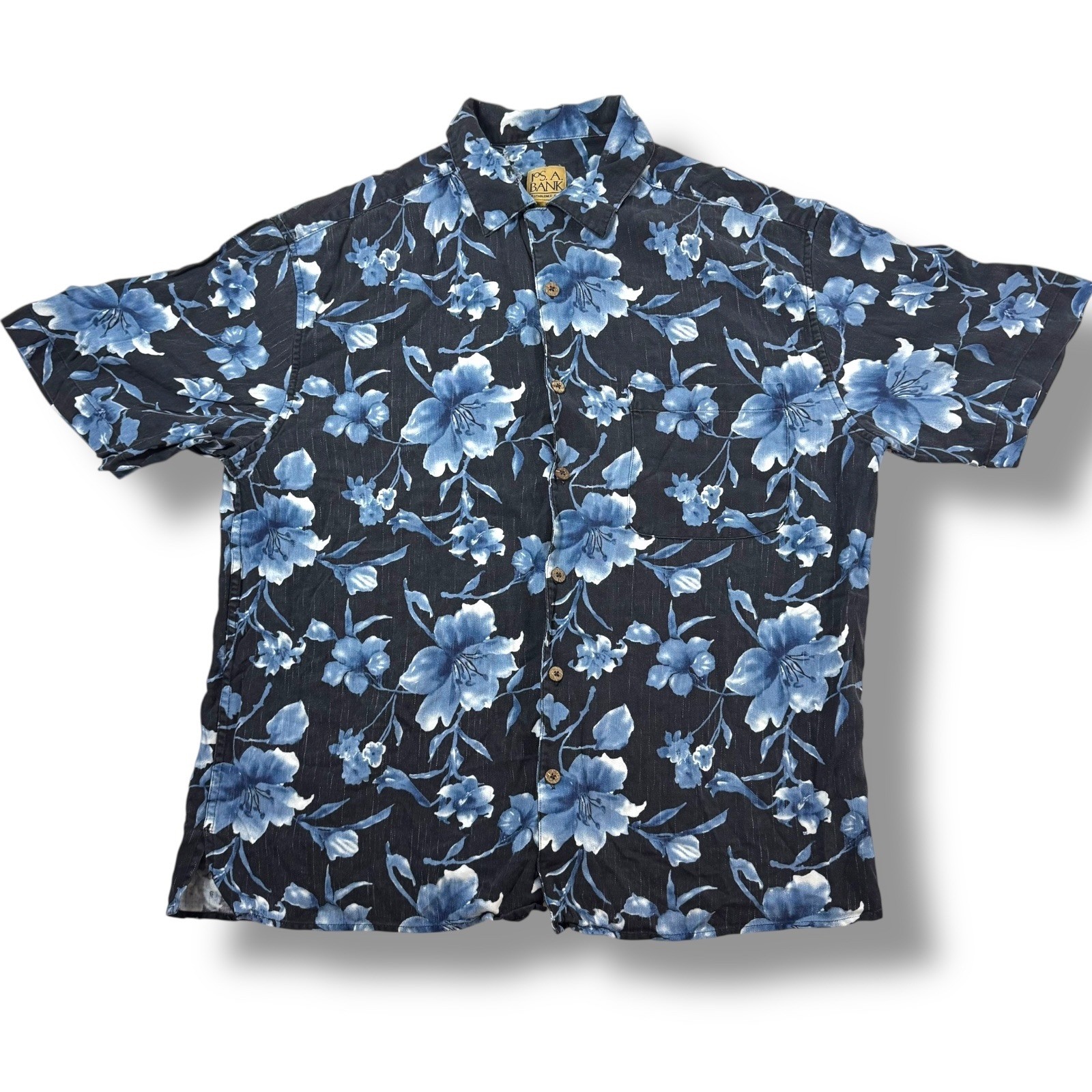 Jos. A. Bank Mens Medium Silk Floral Button Up Shirt Black Blue Hawaiian image 2