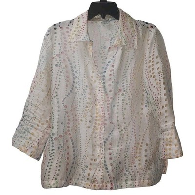 Erin London Colorful Dot Print Button Down 3/4 Sleeve Blouse Top Size M