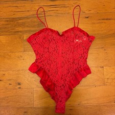 Vintage Victoria s Secret gold tag red lace bodysuit with ruffle detailing Large