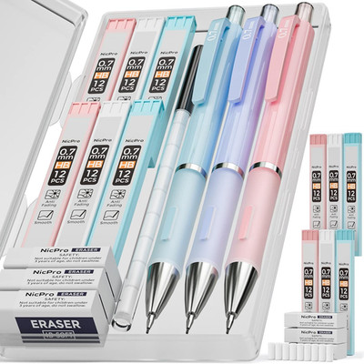 3PCS Cute Mechanical Pencil Set with Case, 0.7 Mm Pencils with 6 Tube HB Lead Re
