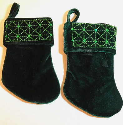 Two Christmas Stockings Green Velvet with sequins and beads on the cuff