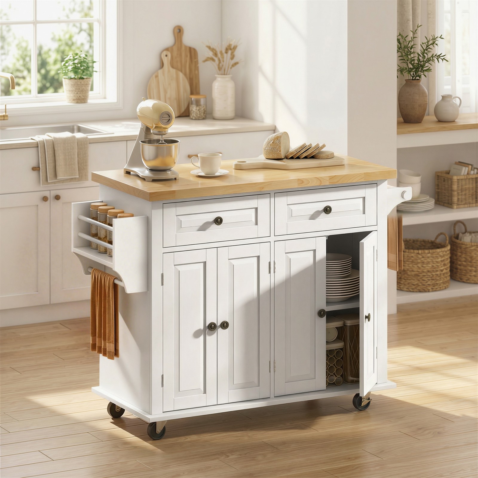 Homcom Unisex Cream Kitchen Island On Wheels With Rubber Wood Top, Drawers, White - Image 2