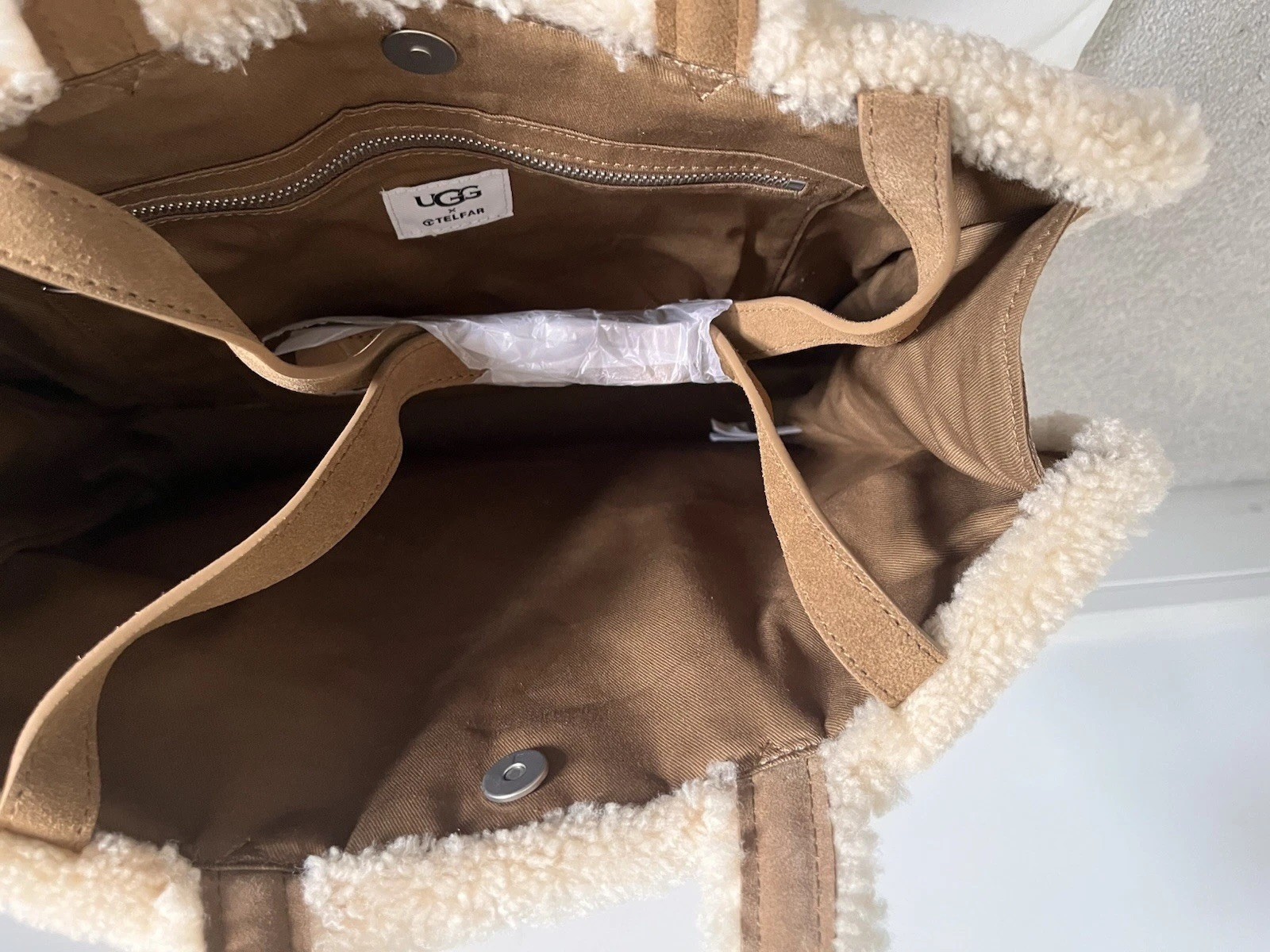 UGG x Telfar Medium Shopping Bag Tote Suede Shearling Brown Beige Dust Bag image 2
